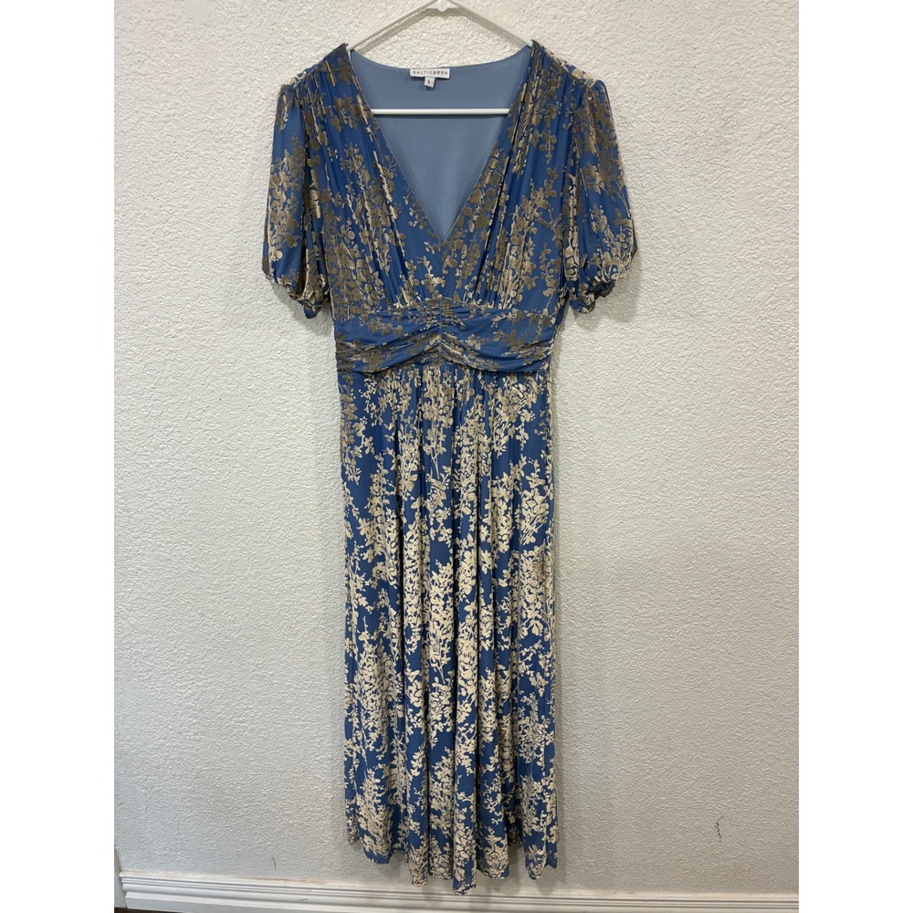 Baltic Born Women Blue Gold Floral Burnout Velvet Maxi Dress V-Neck Smocked L - Picture 2 of 5